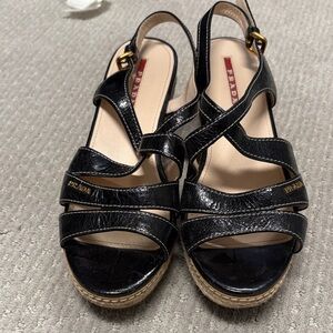 Prada Black Patent Leather Crisscross Slingback Wedge Sandals